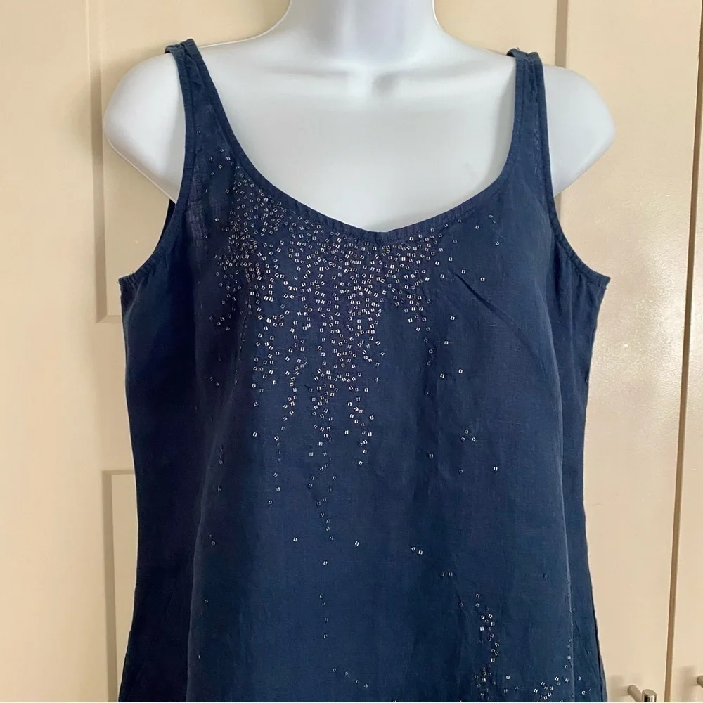 Eileen Fisher Blue Irish Linen Sequin Tank Top Size XS Breathable Sleeveless